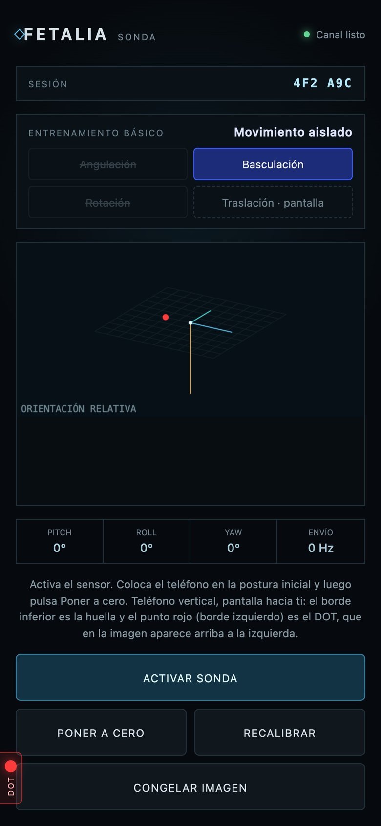 El celular como sonda: sesión emparejada, movimiento aislado (basculación) y botones Activar sonda y Poner a cero